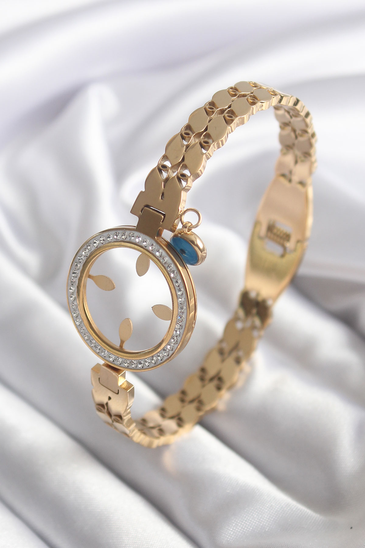 316L Çelik Gold Renk Arpa Model Zirkon Taş Detay Çeyrek Altın Takılabilir K