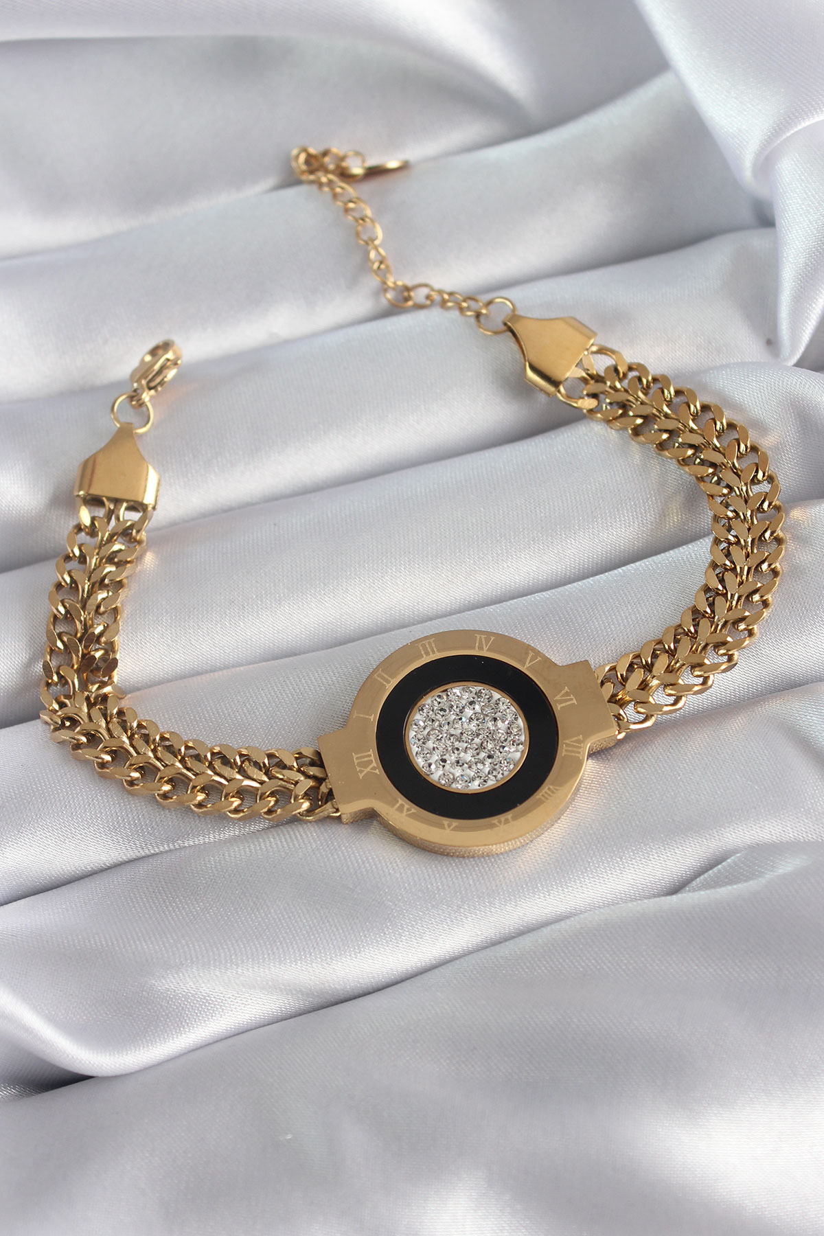 316L Çelik Gold Renk Hasır Zincir Model Zirkon Taşlı Romen Rakam İşleme Det