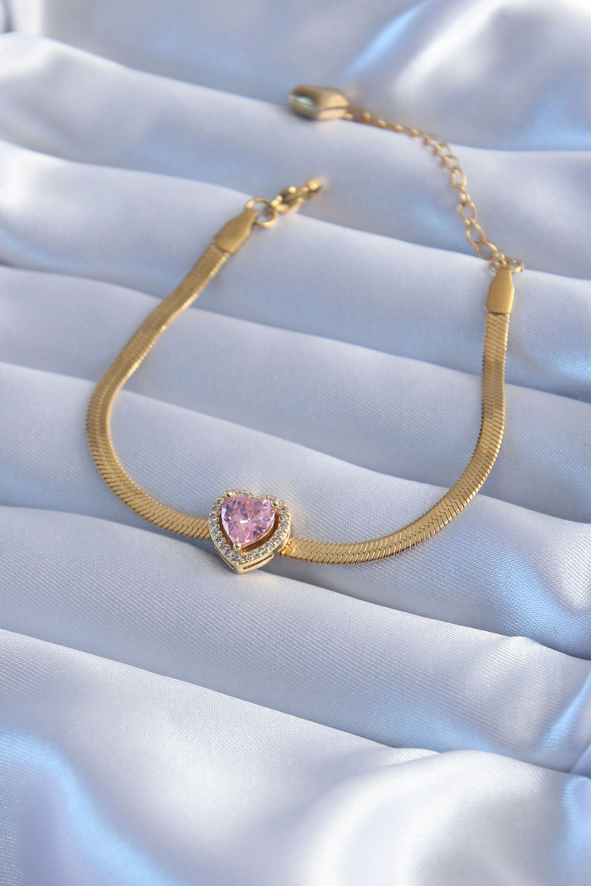 316L Çelik Gold Renk İtalyan Zincir Pembe Zirkon Taş Kalp Charm Model Kadın