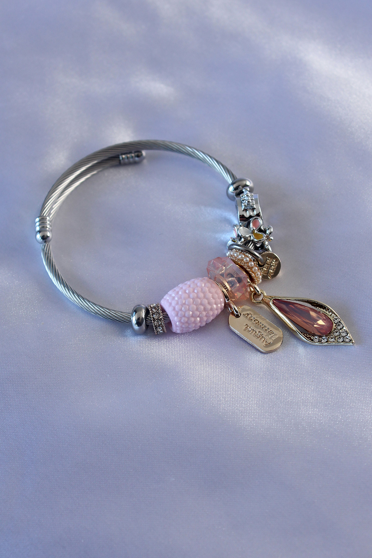 Pembe Renk Kristal Taşlı Yaprak Figür Zirkon Taşlı Charm Model Kadın Bilekl