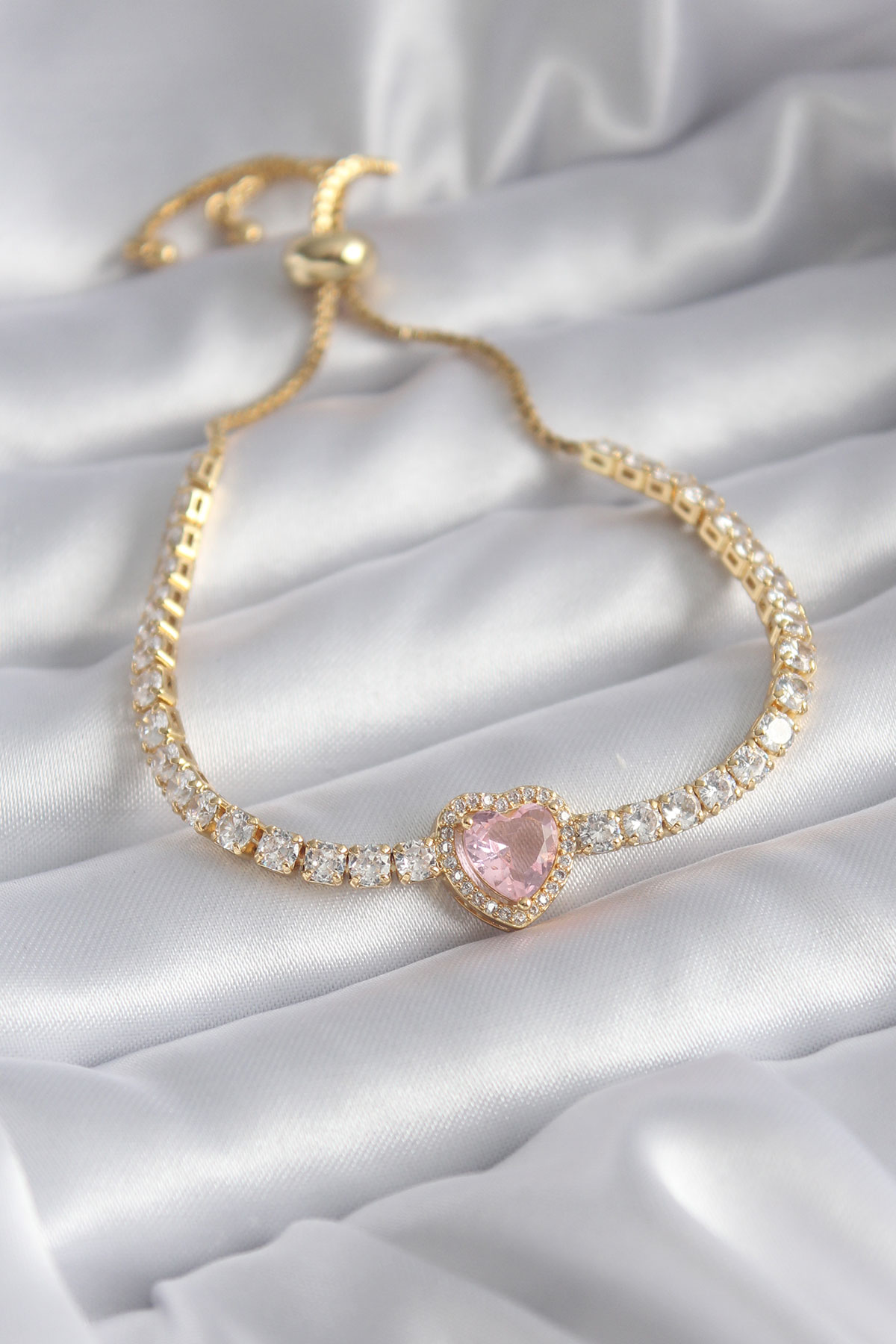 Pirinç Gold Renk Asansörlü Pembe Zirkon Taş Model Kadın VIP Seri Charm Bile